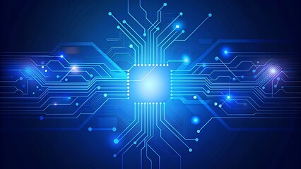 Abstract digital circuit board on technology blue background. Circuit connected lines and dots on abstract motherboard. Navy gradient tech bg. AI innovation concept. Futuristic illustration. 