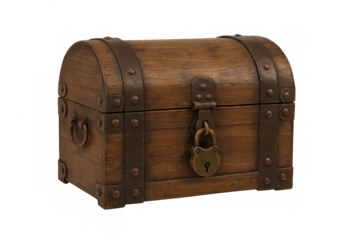 Closed wooden treasure chest with metal lock on transparent background, suggesting hidden valuables and security