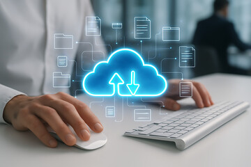 Cloud computing technology user transferring files to storage platform over internet with data backup and syncing process for secure online document storage access