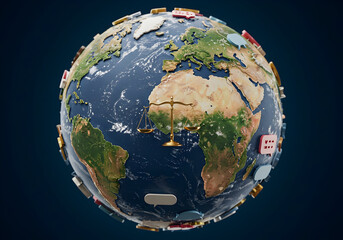 Global justice theme earth globe with balance scale illustration