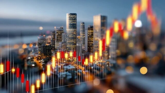 Financial District Abstract: A dynamic illustration blends a cityscape with financial data, a vibrant depiction of urban growth, market fluctuation, and economic dynamism.