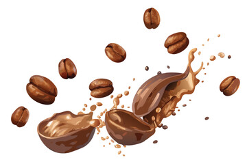 Photorealistic Coffee Beans Splash Vector Illustration. Dynamic Liquid Motion with Steam Trails