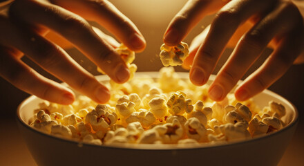 Hands reaching in popcorn in a bowl