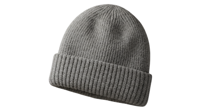 A close-up studio shot of a gray knitted beanie hat, isolated on white.