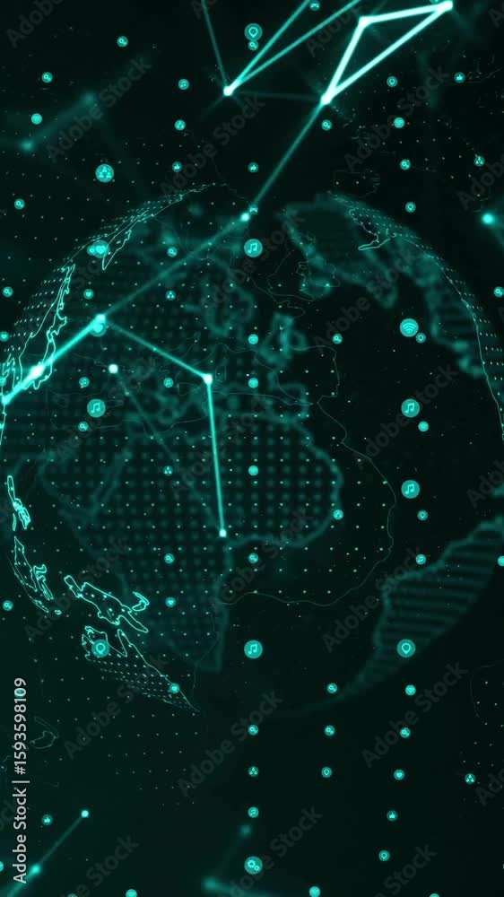 Wall mural animation of network of connections with globe over shapes