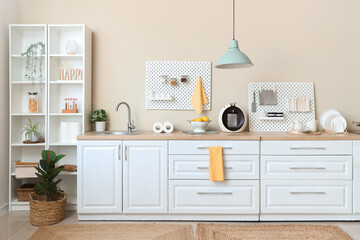 Peg boards and white counter in interior of kitchen