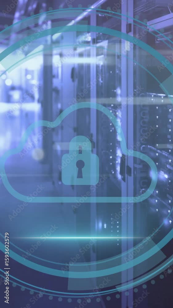Poster animation of padlock and cloud icon and digital data processing over computer servers