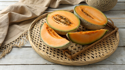 cantaloupe melon on wooden table
