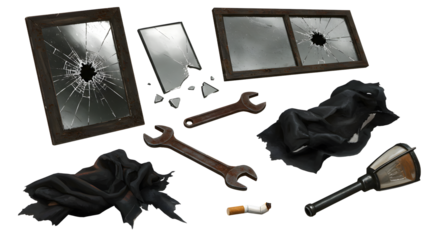 A collection of broken frames with shattered glass, scattered tools, and dark fabric, suggesting a scene of chaos or repair