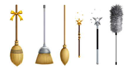 A collection of cleaning tools featuring a broom, dustpan, and duster, set against a neutral background, ideal for home care