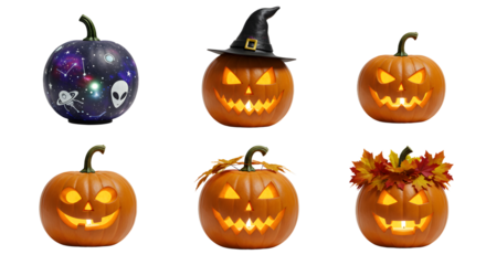 A collection of creatively carved Halloween pumpkins featuring unique designs and expressions, set against a festive backdrop
