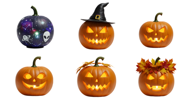 A collection of creatively carved Halloween pumpkins featuring unique designs and expressions, set against a festive backdrop