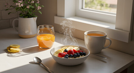 Cozy breakfast scene with steaming oatmeal topped with fresh berries, a cup of tea, and orange juice on a sunlit kitchen table near a window