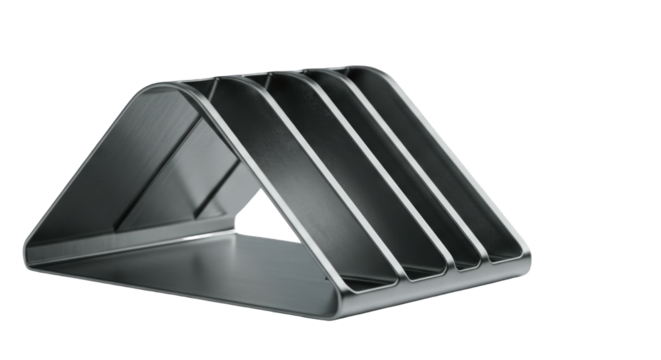 A modern metal desk organizer with angled dividers, isolated on white background.