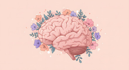 Artistic depiction of a brain intertwined with vibrant flowers, representing mental health and creativity