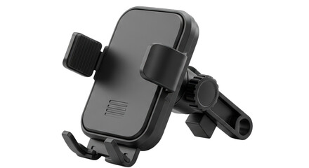 Close-up of a black adjustable car phone holder with a mounting mechanism, isolated on a white background.