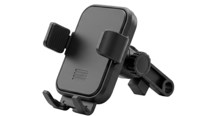 Close-up of a black adjustable car phone holder with a mounting mechanism, isolated on a white background.