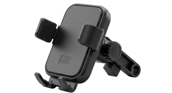 Close-up of a black adjustable car phone holder with a mounting mechanism, isolated on a white background.