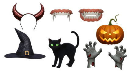 A collection of Halloween-themed accessories including a witch hat, devil horns, fangs, a black cat, a pumpkin, and zombie hands