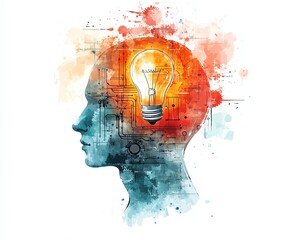 Digital mind illustration with circuits, gears inside a human head, light bulb floating above for ideas, watercolor clipart, isolated white background