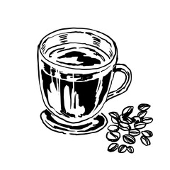 Coffee on cup. Drawing. Breakfast menu. Poster. Tea. Croissant illustration