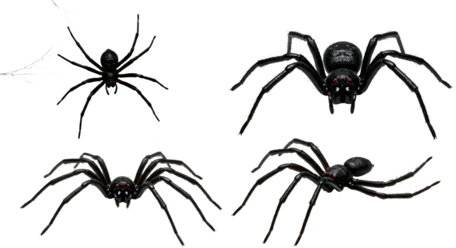 A collection of realistic black spiders in various poses, showcasing their intricate details against a plain background
