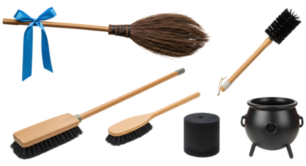 A collection of various cleaning tools including brushes and a cauldron, set against a plain background, ideal for home care