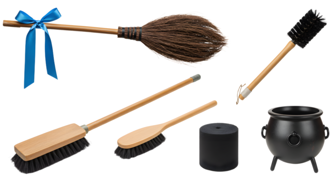 A collection of various cleaning tools including brushes and a cauldron, set against a plain background, ideal for home care