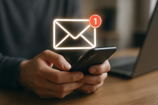 New email message notification alert on smartphone screen for mobile communication and business inbox system over wireless network and technology platform background