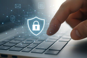 Cybersecurity concept showing secure digital encryption and data protection technology interface over computer keyboard for online privacy firewall antivirus and safe internet browsing protection