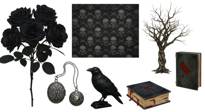 A dark-themed still life featuring black roses, a raven, and skull motifs, set against a mysterious backdrop