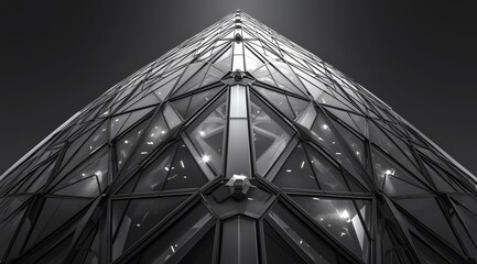 Black and white upward angle shot of The Gherkin London with glass reflections, highlighting triangular architecture and metal framework