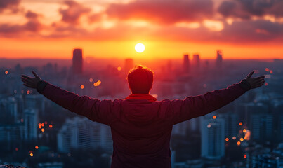 Man with arms outstretched at sunrise over a cityscape