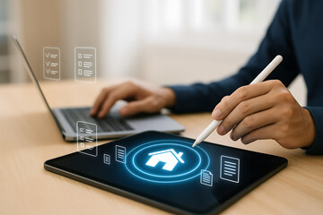 Real estate document interface on digital tablet with mortgage form checklist for property application processing system and investment loan filing using smart technology tools