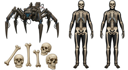 A futuristic robotic spider alongside realistic human skeletons and skulls, showcasing anatomy and robotics in a laboratory setting