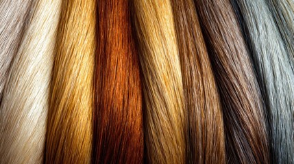 Fototapeta premium Close up of various shades of hair extensions from blonde to dark brown tones