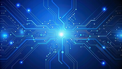 Obraz premium Abstract digital circuit board on technology blue background. Circuit connected lines and dots on abstract motherboard. Navy gradient tech bg. AI innovation concept. Futuristic illustration. 