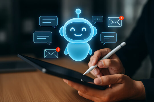 Tablet chatbot interface displaying AI messages and smart notifications for virtual assistant communication support using digital technology for customer interaction and service help