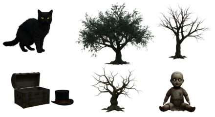 A mysterious black cat sits beside an ancient chest, surrounded by eerie trees and a haunting doll in a surreal landscape