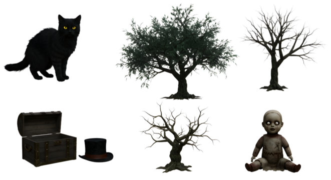 A mysterious black cat sits beside an ancient chest, surrounded by eerie trees and a haunting doll in a surreal landscape