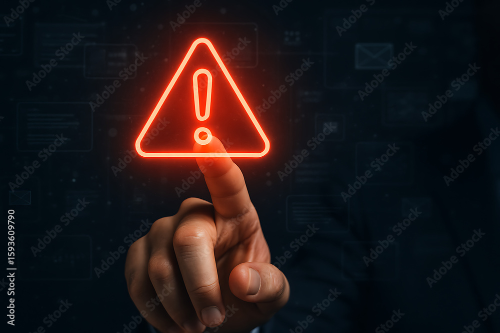 Poster digital warning triangle with glowing alert icon pressed by human hand for system failure message se