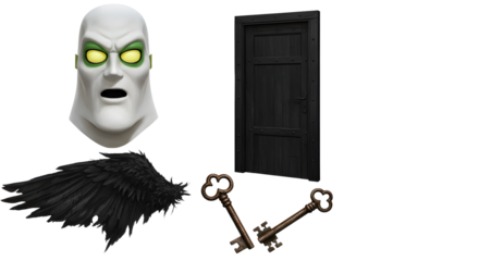 A mysterious scene featuring a ghostly face, black wings, an old door, and antique keys, suggesting a supernatural theme