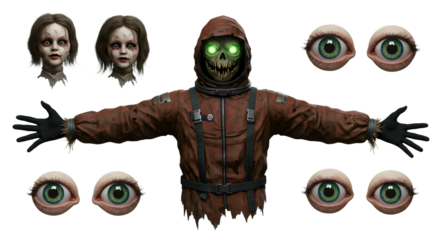 A mysterious figure in a hooded jacket with glowing eyes stands surrounded by eerie doll heads and eyes, creating a haunting atmosphere