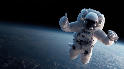 Astronaut giving thumbs up in space with earth and blackness in the background concept of success