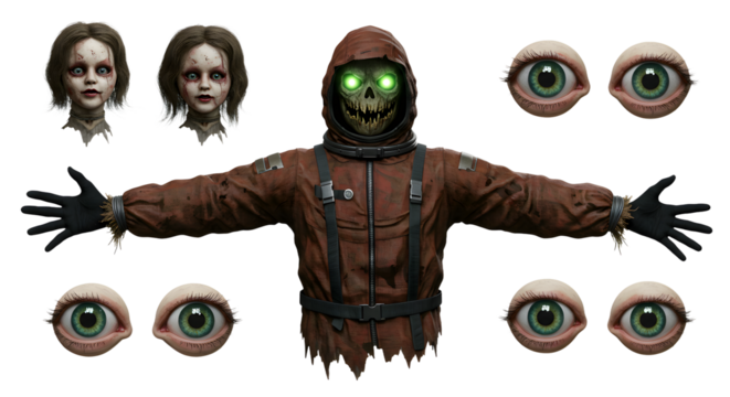 A mysterious figure in a hooded jacket with glowing eyes stands surrounded by eerie doll heads and eyes, creating a haunting atmosphere