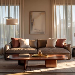 A photograph of a modern living room bathed in the soft glow of late afternoon sunlight, showcasing a luxurious beige sofa with plush terracotta throw pillows. 