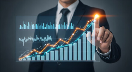 Businessman Touching Futuristic Financial Growth Chart, Business Success Concept.