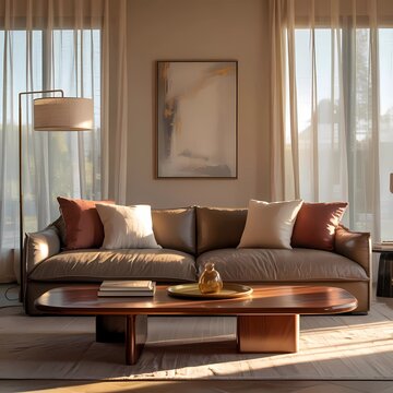 A photograph of a modern living room bathed in the soft glow of late afternoon sunlight, showcasing a luxurious beige sofa with plush terracotta throw pillows. 