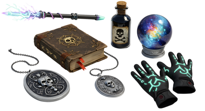 A mystical collection of magical artifacts including a spellbook, crystal ball, and enchanted gloves, set against a dark background