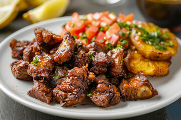 Fototapeta premium Haitian Griyo Crispy Fried Pork Chunks with Spicy Pikliz and Plantains, Close-Up
